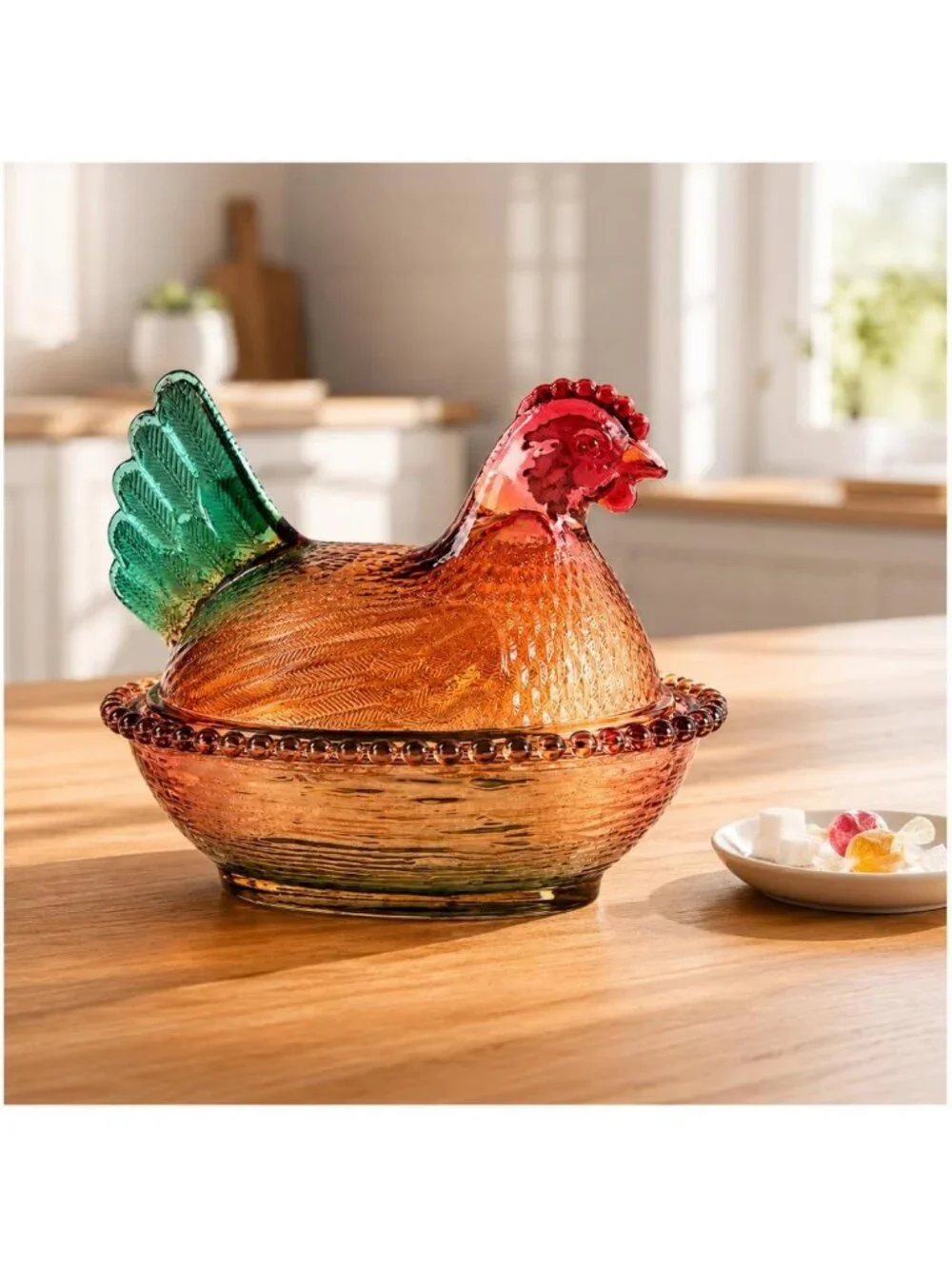 Vintage Glass Hen on Nest Candy Dish with Lid | Colorful Farmhouse Decor, Easter